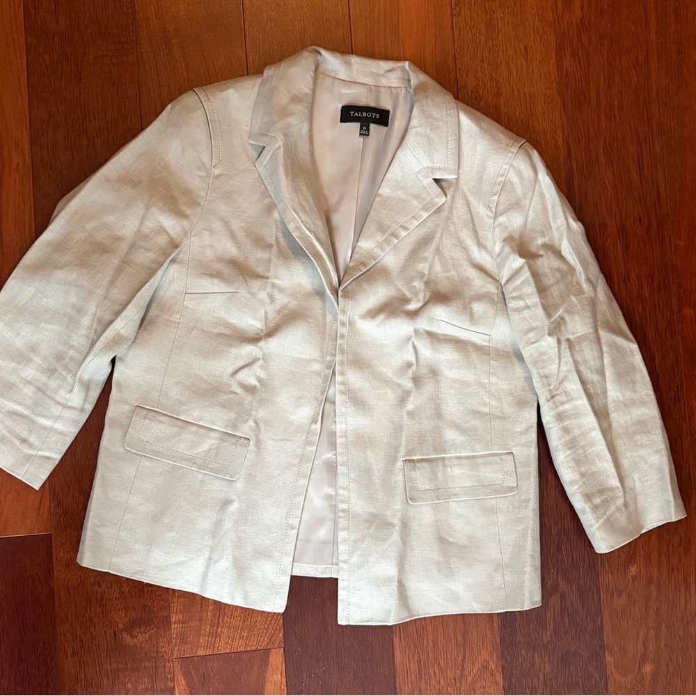 Talbots Blazer Tan Khaki Linen Womens 10 Career Travel Business Classic